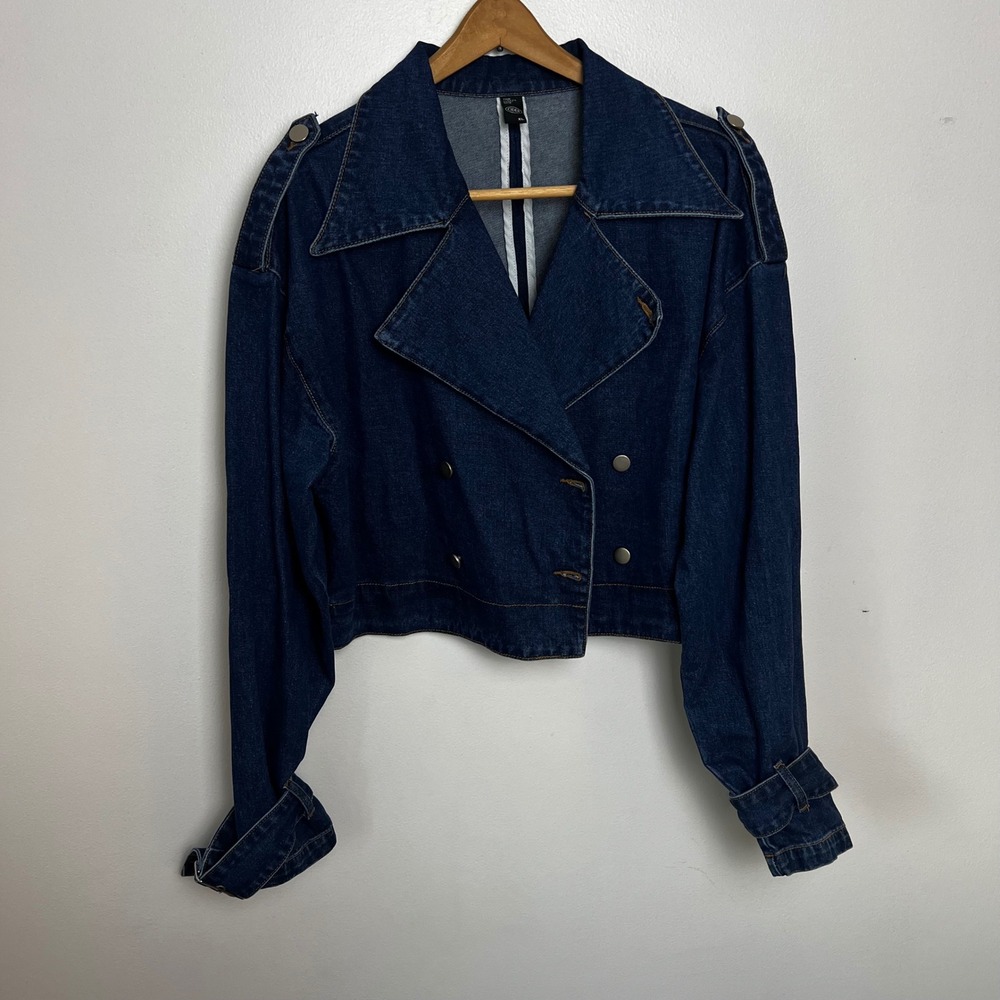 Cider Woman's Dark Wash Cropped Double‎ Breasted Denim Moto Jacket XL
